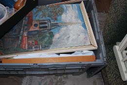 A box of mainly new picture frames along with some old oil paintings and prints (Large plastic crate
