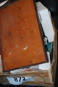 A large box of items to include wooden wares, tray, enamel jug etc