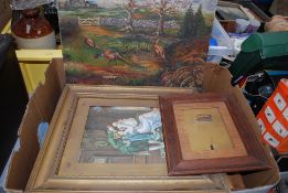 A box of old pictures and prints to include oil on canvas's and others.