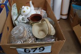 A mixed lot to include a Tuscan tea set, vintage Pyrex, Torquay motto ware cauldron, glass ware.