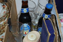 Two Silver Royal Jubilee ale bottles along with 1977 Silver Jubilee glasses, a Wade Whiskey