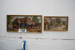 2 vintage large wall hanging tapestry pictures of country scenes, each being framed and glazed.