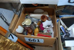 A mixed box to include china, blue and white plates, jewellery, carved woodenware etc