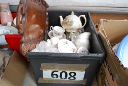 A box to include china, wooden tray and other items