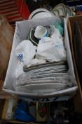 A box of china to include Whitbread beer pump, meat platters and other plates etc