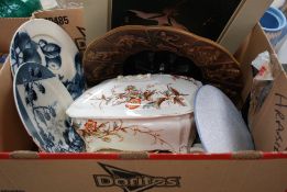 A mixed box to include a zodiac serving, period china, egg cups, large platter etc.