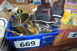 A mixed lot to include brass cauldron, fire irons, vintage ice skates etc.