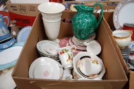 A mixed lot to include Wedgwood leaf jug, china, transfer printed items etc