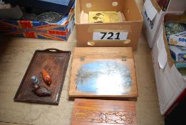 A box to include writing slope, carved wooden tray and other woodenware items.