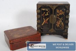 Two Chinese lacquered jewellery boxes, one in the form of a 3 drawer chest with front opening doors