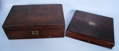 A Victorian flame mahogany serpentine shaped cutlery box with baize interior together with a