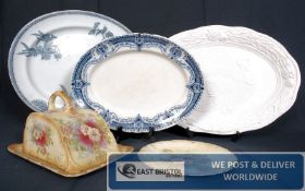 Three meat platters along with a Royal Devon cheese dish & lid along with a matching plate.