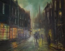 John Bampfield (b. 1947) oil on canvas of Edwardian street scene at night. Signed to lower corner.