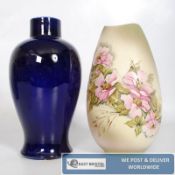 A blue Carltonware vase, along with a West German vase, a hand painted flower vase and one other