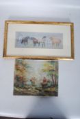 A 20th century miniature oil on canvas of a hunting scene being indistinctly signed together with a