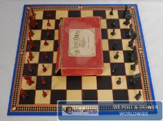 A vintage Rose Chess game set, with lead pieces, and a folding chess boards