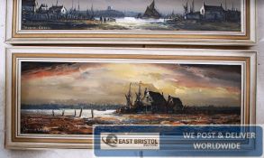 Edward Elliott. A pair of oil on boards depicting wharfs bearing signatures to lower corner