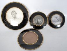 4 1940`s Eglomise curved glass frames - some containing line engraving folio prints. Largest 30cm