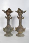 2 19th century Victorian cold painted bronze vases in the Art Nouveau manner. Circa 1870, the vases