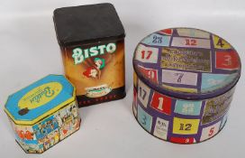 A vintage / retro cadbury`s `Lucky Numbers` tin along with a Butlins souvenir tin, and Bisto.