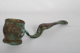 A Chinese bronze and jade long handled measuring ladel / cup.