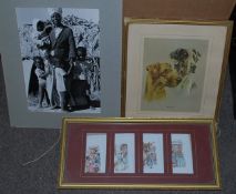 Cartoon prints, a print of dogs and a large African photo.