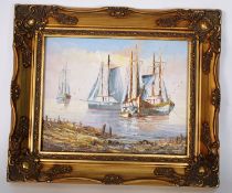 B Wilder (20th century) oil on board of boating scene in ornate frame. 24cm x 19cm
