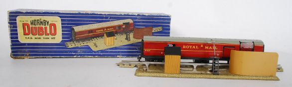 A Hornby Dublo TPO Mail Van Set triple / 3 rail complete with blue and white striped box having also