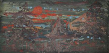 A mixed media oil on board of a sunset over natural forest scenes in the Russian style. One of a