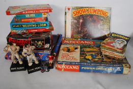 A collection of retro toys / games to include a boxed motorised Meccano set, Scrabble, weaving loom,