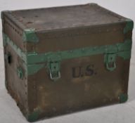 A US Army WW2 / World War 2 vintage field trunk. The field green body with exterior brackets