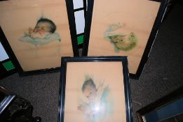 3 20th century framed and glazed prints of babies, each one colour aqua tinted. 49cm x 35cm.