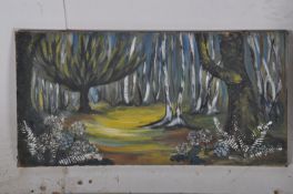 A mixed media oil on canvas of a sunset over natural forest scene. One of a collection from a