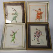 A set of 4 hand painted lithograph prints depicting court jesters. Framed and glazed, illegible