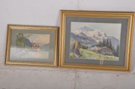 2 continental school watercolour paintings, one of chateaux near lake, mountains to background,