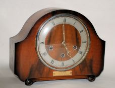 A 1950's Art Deco walnut westminster chiming mantle clock issued by British Rail Western Region to a