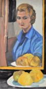 A colourful 1950's female portrait study of an elderly lady reflecting in the mirror. Oil on board