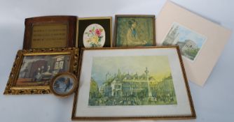A box containing framed and glazed pictures along with a hand painted plaque.