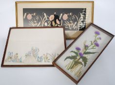 A framed embroidery needlepoint tapestry in a glass case with 2 other needlepoints. H48cm x W20cm