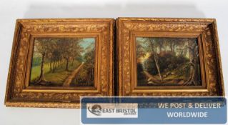 A pair of 19th century oil on boards of woodland landscapes and sheep. In decorative gilt frames.