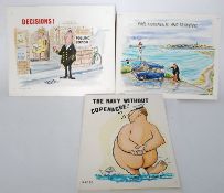 3 original ink and watercolour cartoon sketches, all with Royal Navy Copenacre theme (Copenacre