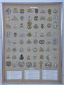 A collection of 64 british foot solders badges professionally presented in glazed frame. Set on a