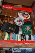 A collection of playing cards, boxes, Huntley and palmers tin, lighters etc.