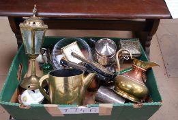 A good mixed box to include brass wares, carraige clock etc.