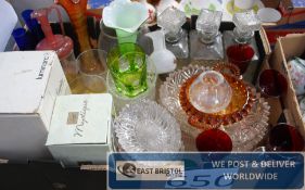 A box of assorted glass ware to include Mystique crystal vase, Carnival glass decanters etc.