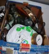 A good mixed lot to include horse brasses, vintage bottles, bronze hat etc.