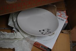 Unused boxed cow plates x2, pen box, mugs and a box of ceramic elephants.