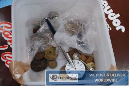 A small box of assorted coins, watch movements and keys etc