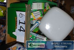 A box of light bulbs, glassware etc