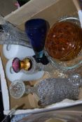 A box of glasswares to include decanter, studio wares, cut glass, carnival etc and many othersc